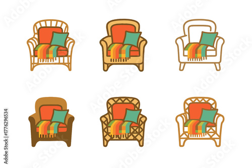 Colorful Garden Logos. Adding colorful outdoor cushions and throws to a garden seating area. Set Logo of wicker armchair: deep seat with lumbar pillow. Icon