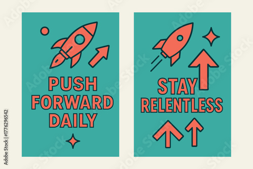 Inspirational Banner Designs. Push forward daily. Two vertical A6 banners with safe margins, centered composition, no elements touching edges,