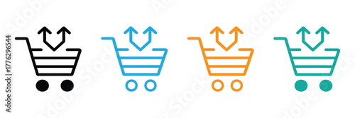 Versatile shopping cart icons in multiple colors illustrate adding and removing items, perfect for e-commerce, retail, and inventory concepts. Clean, modern design.