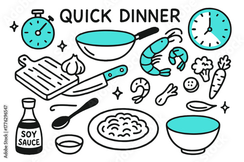 Quick Dinner Doodle. // Quick dinner. Hand-drawn doodle illustration Quick dinner [timer (accented), wok (accented), cutting board, knife (accented), garlic,