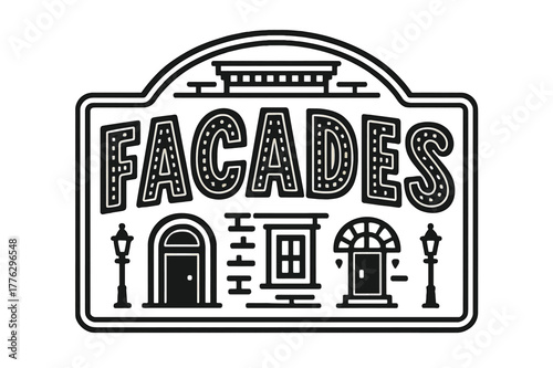 Playful Street Facades. Street Facades ? Decorative Display Lettering; playful stylized glyphs with inner stripe/dot patterns hinting at windows and bricks;