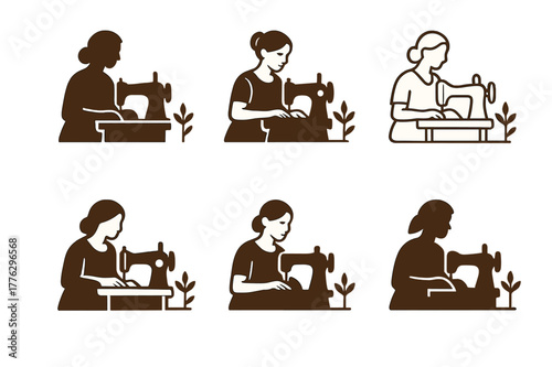 Rural Women Entrepreneurship Logos. Women entrepreneurs in rural areas. Set Logo of women entrepreneurs in rural areas: sewing machine silhouette. Icon set.