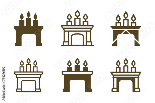 Fireplace Mantel Icons. fireplace mantel. Set Logo of fireplace mantel: candle arrangement on mantel. Icon set. harmonious logo variations of the