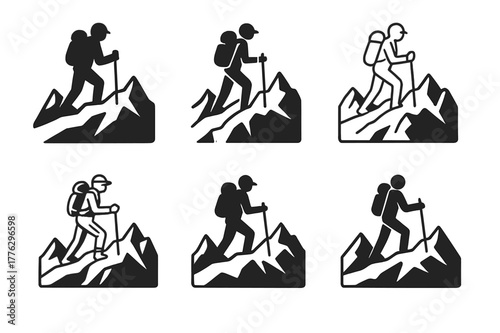 Trekking Logo Variations. Trekking in remote and unexplored areas. Set Logo of Trekking in remote and unexplored areas: glacier traverse with trekking poles.