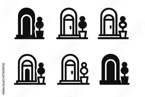 Topiary Logo Variations. Property landscaping and curb appeal. Set Logo of property landscaping and curb appeal: topiary tree in planter beside an entryway.