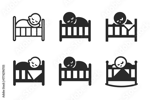 Baby Crib Logos. Baby in crib. Set Logo of Baby in crib: sleeping infant under blanket. harmonious logo variations of the same emblematic concept, each with