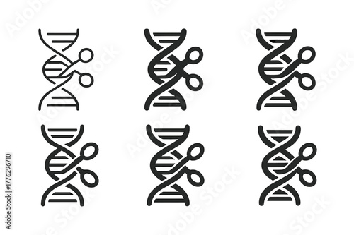 CRISPR Scissors Logo Variations. Genetic modification. Set Logo of genetic modification: CRISPR scissors editing DNA. Icon set. harmonious logo variations of