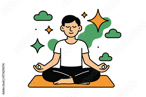 Mindful Meditation Scene. Meditation moment. A figure sitting on a mat with closed eyes, floating abstract