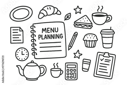 Menu Planning Doodles. Menu planning. Hand-drawn doodle illustration Menu planning notebook, pencil, croissant, sandwich, coffee cup, muffin, tea pot, plate,