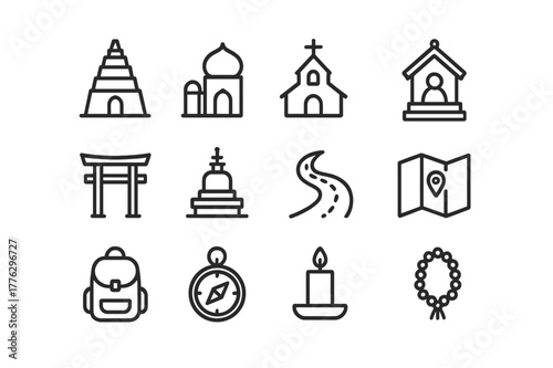 Religious Pilgrimage Icons. Religious pilgrimage sites. Line outline icon set of religious pilgrimage sites: