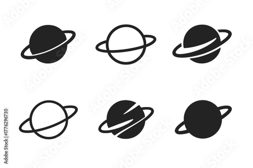 Space Logo Variations. Space Exploration. Set Logo of Space Exploration: planet with rings. Icon set. harmonious logo variations of the same emblematic