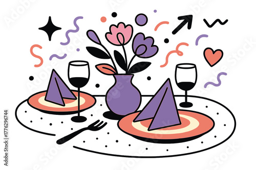 Festive Table Setting. Decorative table. Centerpiece, glowing plates, and folded napkins creating an aesthetic