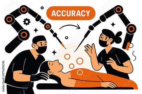 Robotics in Surgery. Healthcare Tech ? Robotics in Surgery. Robotic arms extend delicately over a stylized patient; soft circles mark precision points. Word