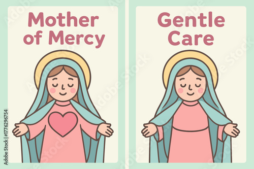 Mother of Mercy Banners. Mother of Mercy. Two vertical A6 banners with safe margins, centered composition, no elements touching edges, cartoon, pastel mint and