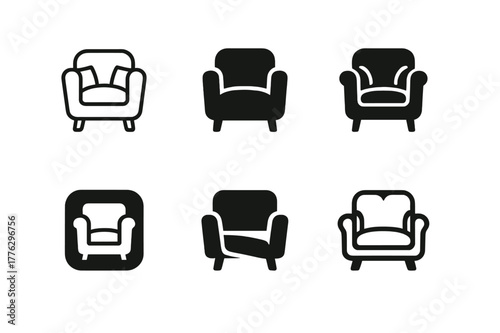 Cozy Corner Logo Variations. Setting up a cozy corner with comfy seating for casual chats. Set Logo of cozy corner: armchair with soft cushions. Icon set.