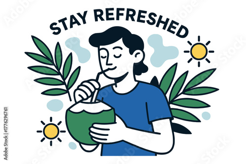 Tropical Coconut Sip. Drinking a coconut. A relaxed person sipping from a freshly cut coconut with a straw,