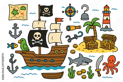 Pirate Adventure Icons. Pirate ship, Colorful Hand-drawn doodle Children illustration Pirate ship and treasure hunt. Pirate flag, treasure chest, anchor,
