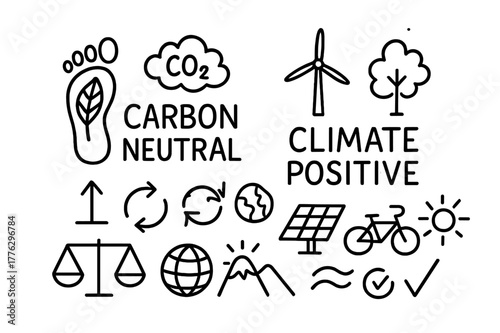 Carbon-Neutral Icons. Carbon-neutral and climate positive marks. Hand-drawn doodle illustration Carbon-neutral and climate positive marks footprint, leaf