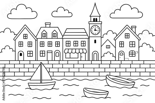 Charming Riverfront Coloring. Old town riverfront children?s coloring book illustration, outlined drawing, charming stone buildings along a river embankment