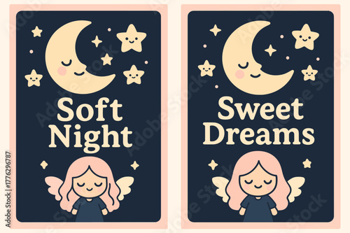 Cute Night Banners. Gentle Midnight. Two vertical A6 banners with safe margins, centered composition, no elements touching edges, kawaii, navy and pastel pink,