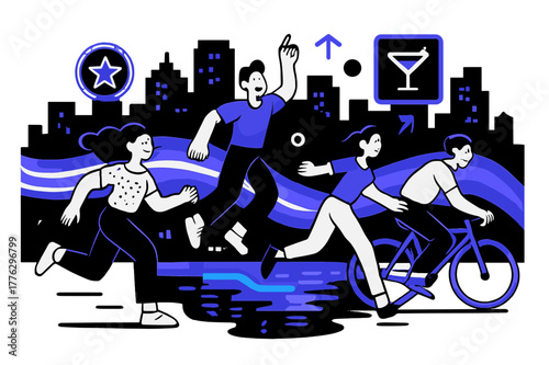 Neon City Reflections. Night lights. A glowing cityscape reflected in water, neon signs and car trails forming