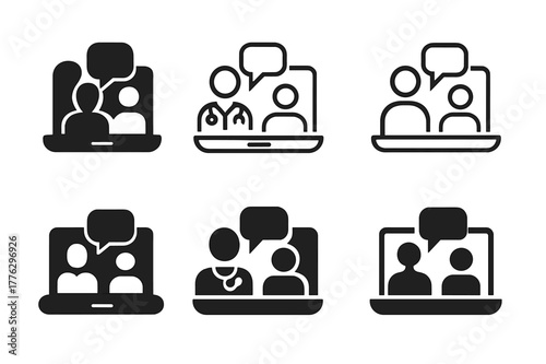 Telemedicine Logo Grid. Telemedicine consultations. Set Logo of laptop with doctor and patient chat bubbles: Filled silhouette, Stylized detail, Minimal