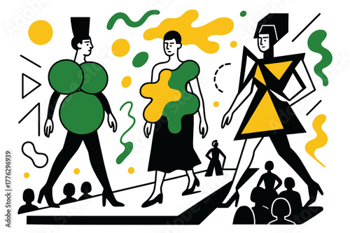 Geometric Fashion Sculptures. Wearable sculpture. A runway scene with models in exaggerated, artistic designs,