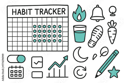 Habit Tracker Icons. // Habit tracker. Hand-drawn doodle illustration habit tracker [grid sheet (accented), daily dots (accented), streak flame (accented),