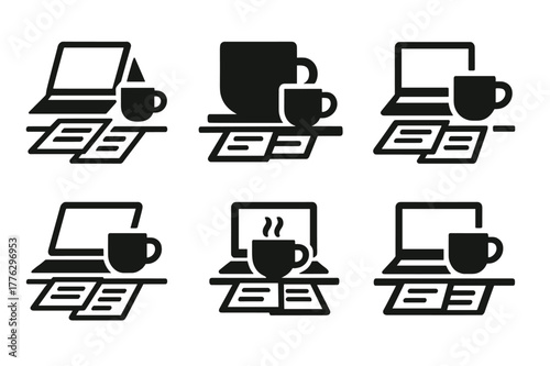 Coffee Work Logos. Drinking coffee while working. Icon set. Set Logo of drinking coffee while working: desk setup with coffee mug and documents. harmonious