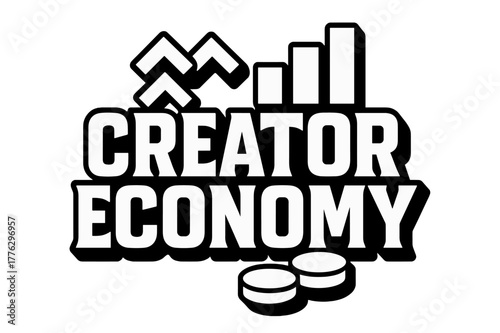 Creator Economy Design. Creator Economy ? bold block geometric lettering; thick uppercase with geometric serifs, heavy outer outline, strong cast shadow;