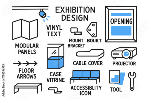 Exhibition Design Elements. Exhibition design. Hand-drawn doodle illustration exhibition design mockup wall (accented), modular panels, spotlight track