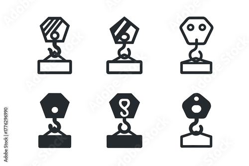 Industrial Logo Variations. Material handling at industrial sites. Set Logo of Material handling at industrial sites: Overhead crane hook lifting load. Icon