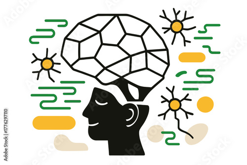 Geometric Brain Consciousness. Mind transcendence. Abstract geometric brain forms surrounded by floating