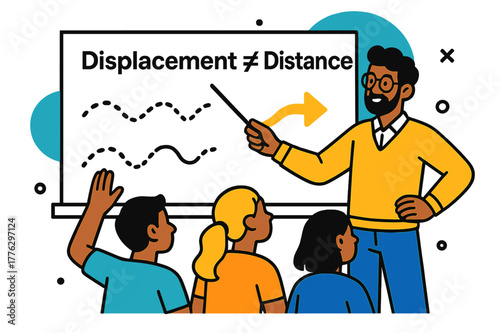 Displacement vs Distance. Physics Classroom Example. Teacher points to a whiteboard where ?Displacement ? Distance? appears beside two distinct line styles.