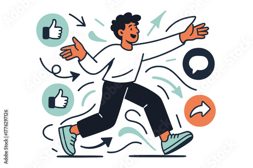 Social Media Dynamics. Social media influence. A person surrounded by floating thumbs-up, comments, and share