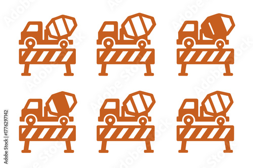 Construction Logo Grid. Concrete truck drivers delivering materials to sites. Set Logo of construction barricade with mixer badge: Abstract geometric, Iconic