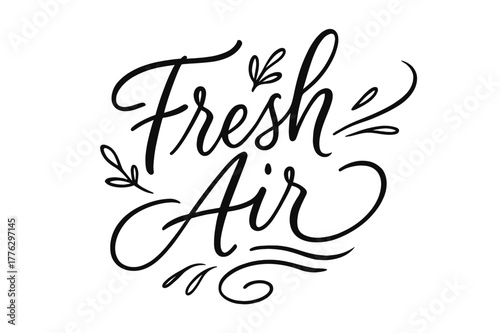 Fresh Air Lettering. Fresh Air ? brush script hand-lettering with fluid semi-cursive strokes, elegant thin connectors, fast brush accents; composition: