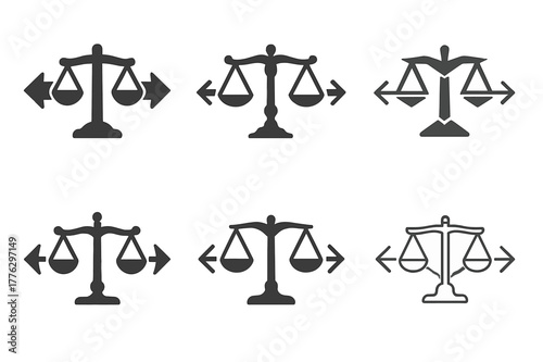 Scales of Justice Logos. deportation policies. Set Logo of deportation policies: scales of justice with outbound arrows. Icon set. harmonious logo variations