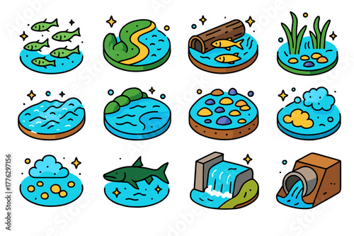 Freshwater Habitat Icons. Freshwater shoals. Colorful isometric vector icons set of Freshwater shoals: minnow shoal, river bend habitat, submerged log shelter,