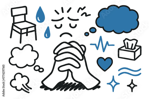 Anxious Clasped Hands. // Hands clasped in worry. Hand-drawn doodle illustration Hands clasped in worry [two hands clasped together (accented), furrowed