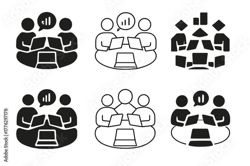 Creative Logo Concepts. Marketing professionals brainstorming ideas. Set Logo of marketing professionals brainstorming ideas: laptops around collaborative