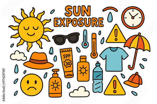 Sun Safety Illustrations. Sun Exposure. Colorful Hand-drawn doodle Children illustration Sun Exposure bright sun, skin, clock, sunscreen, umbrella, sunglasses,