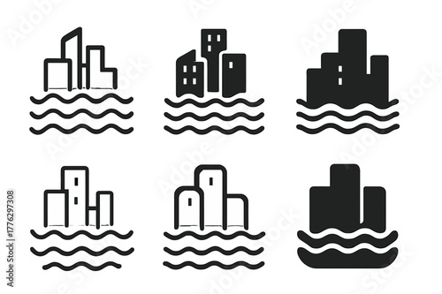 Flooded Skyline Logos. Climate change effects. Set Logo of Climate change effects: flooded city skyline with rising water. Icon set. harmonious logo variations