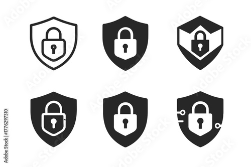 Digital Security Emblems. Cybersecurity protocols. Set Logo of cybersecurity protocols: shield with digital lock. Icon set. harmonious logo variations of the