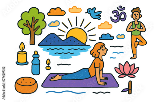 Sunrise Yoga Scene. Yoga at sunrise. Colorful Hand-drawn doodle Children illustration Yoga at sunrise yoga mat, person stretching, rising sun, mountain