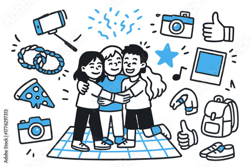 Joyful Friendship Moments. Friendship bonding. Hand-drawn doodle illustration friendship bonding group hug (accented), friendship bracelets (accented), shared