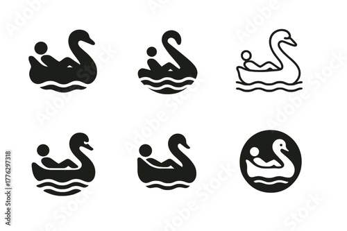 Swan Float Logos. Floating on an inflatable. Set Logo of Floating on an inflatable: person reclining on swan float silhouette. Icon set. harmonious logo