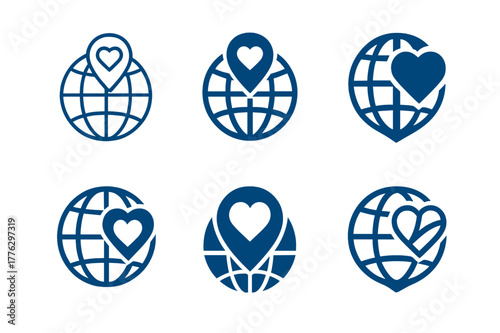 Social Impact Logos. Social impact startups. Set Logo of Social impact startups: impact globe with heart marker. Icon set. harmonious logo variations of the