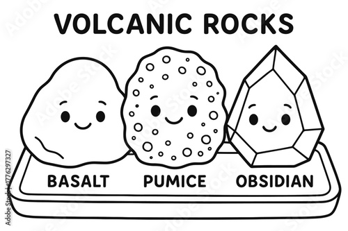 Cute Volcanic Rocks. Volcanic rocks children?s coloring book illustration, outlined drawing, three cute rock characters labeled basalt, pumice, and obsidian