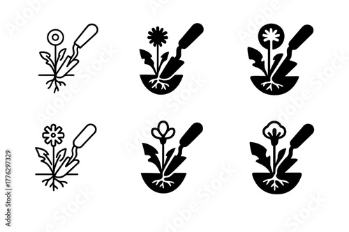 Pulling Weeds Logo Variations. Pulling weeds. Set Logo of Pulling weeds: hand trowel uprooting dandelion. Icon set. harmonious logo variations of the same